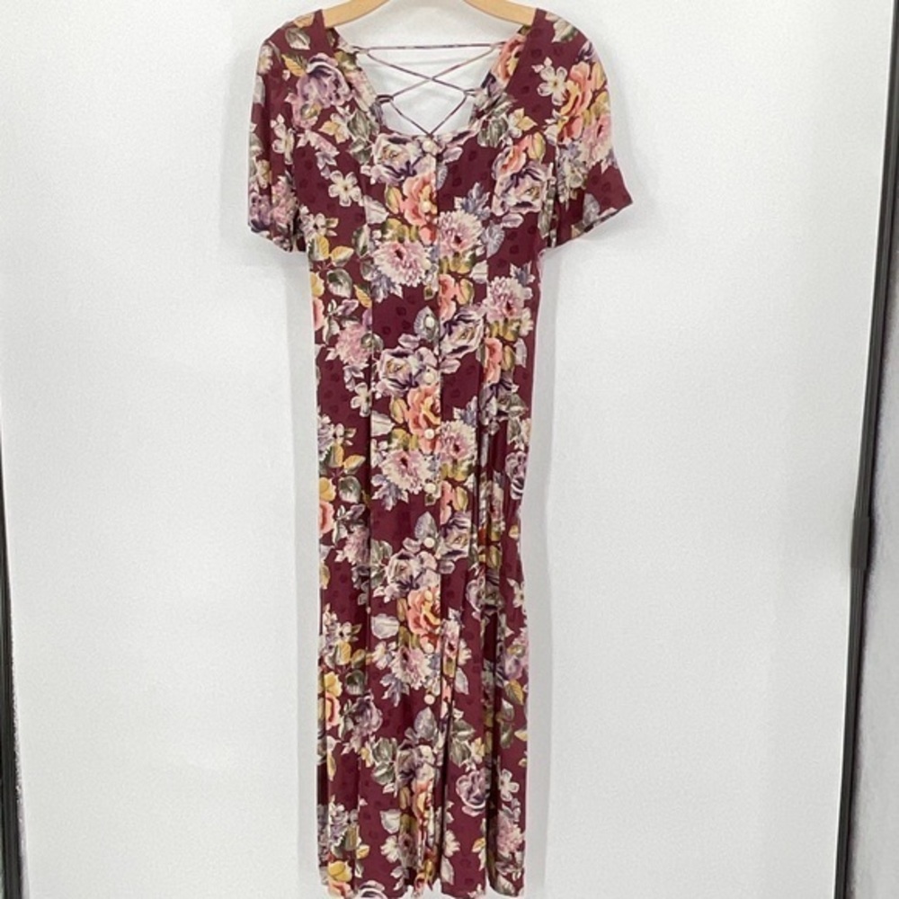Vintage Marmie Prairiee Dress Maroon,‎ Floral Button Front Size 7 I17